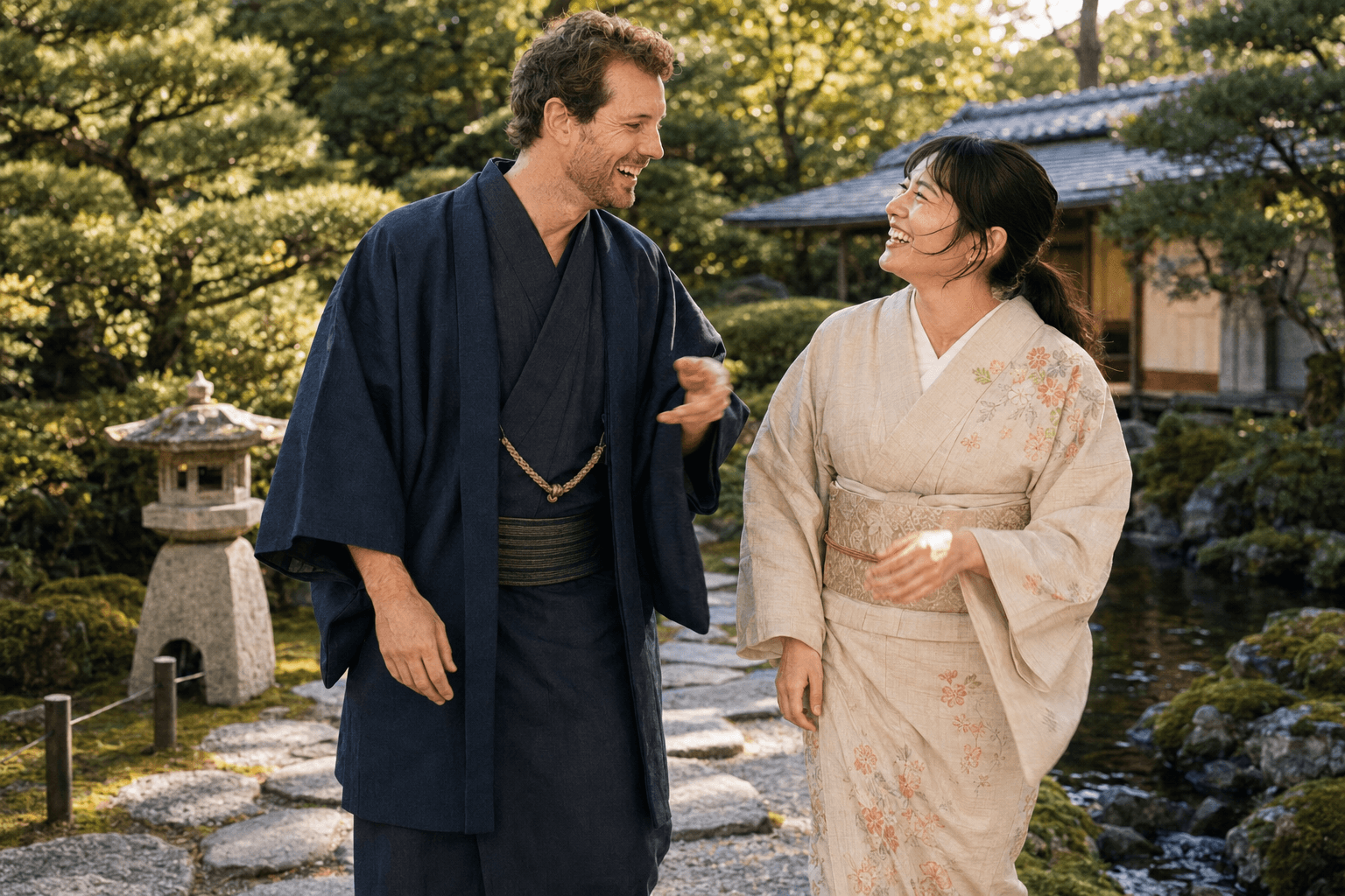 日本庭園で着物を着て笑顔で会話する男女